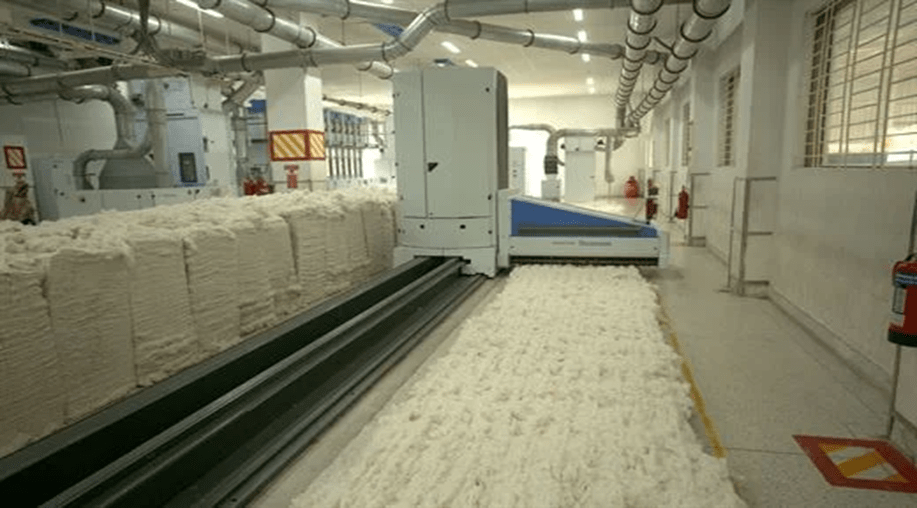 Machinery in the DBL Group factory, with sacks of cotton on a conveyor belt.