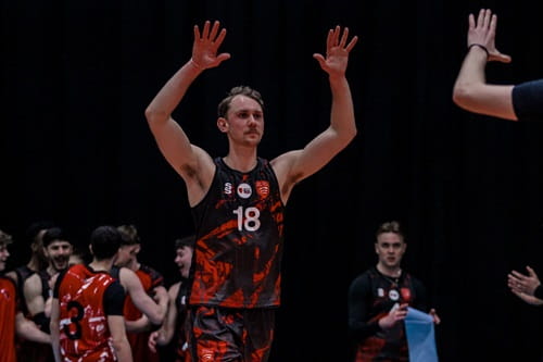 University of Essex Men's Volleyball player Cam Kern celebrating a winning point at the men's BUCS Big Wednesday 2025 Finals