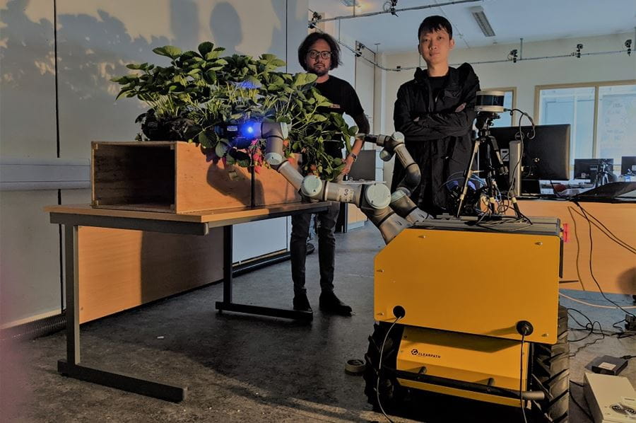 ...to a Husky unmanned ground vehicle with two arms, a range of sensors, and customised gripper and cutter.