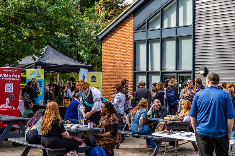 Students gather outside the Loughton SU cafe
