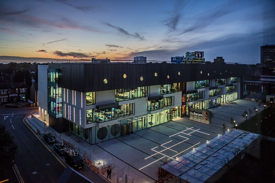 Image of the Forum Building on the Southend Campus taken at night