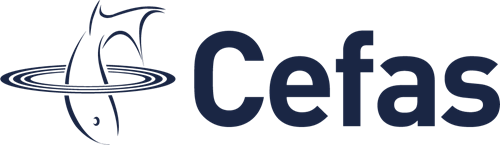 On the left, a blue outline of a fish diving into water, on the left the word "Cefas" in blue text.